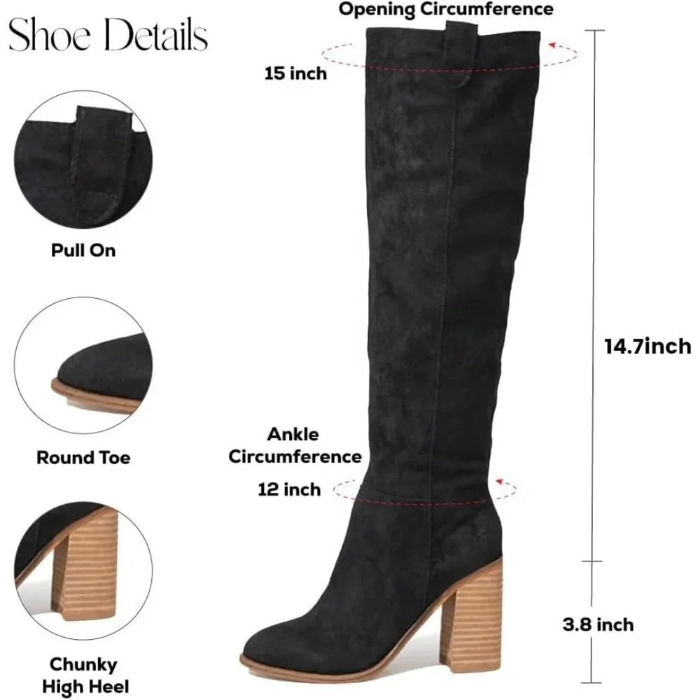 Women's 1 Black Suede Knee-high Boots Fall Boot Chunky Block High Heel
